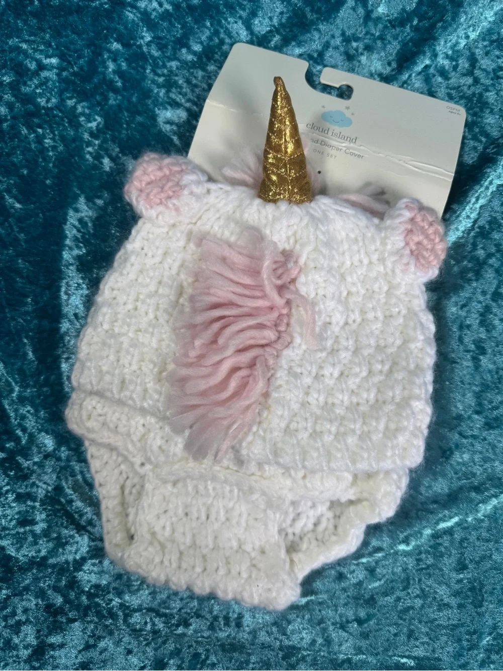 cloud island White Unicorn Knit Hat with Gold Horn and Pink Mane